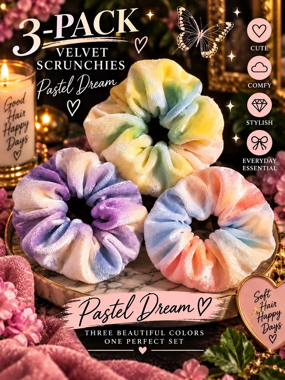 Pastel Dream Large Velvet Scrunchies - 3-Pack (Pastel Multicolor)!